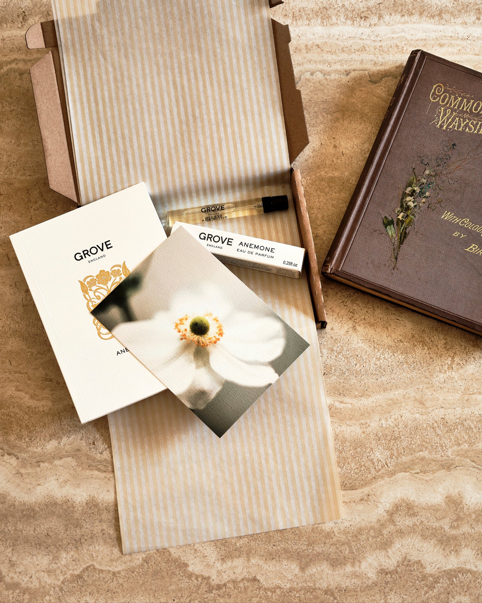 Grove botanical book, perfume vial and stationery items on a marble surface