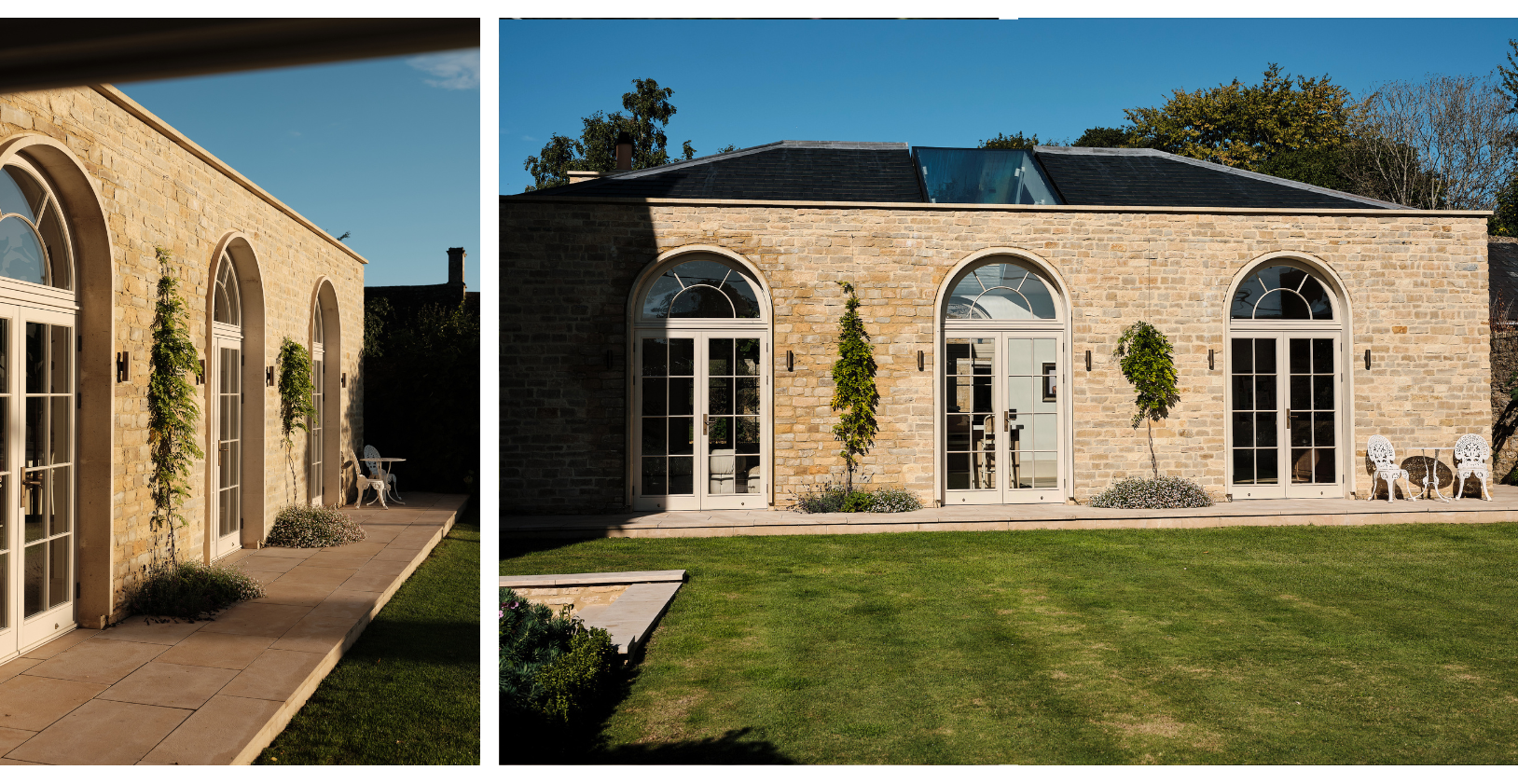 Grove Farmhouse in high summer sun & summer borders