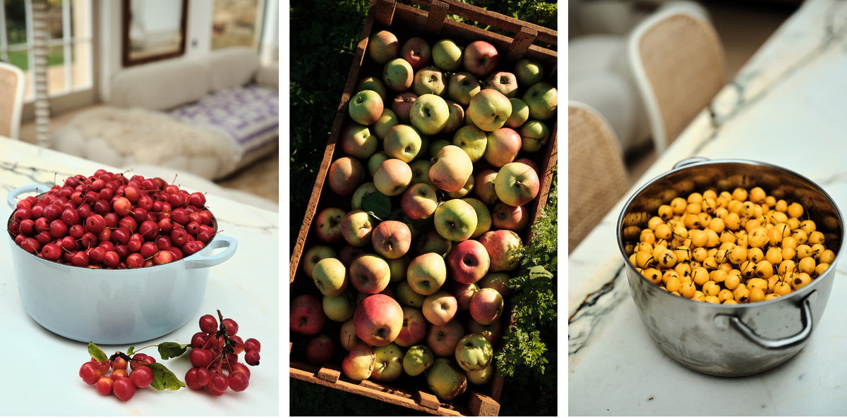 Three-panel collage showing food ingredients: a white pot filled with red cherries on the left, a wooden crate stacked with red and green apples in the centre, and a metal pot filled with yellow crab apples on the right, all set in a kitchen.