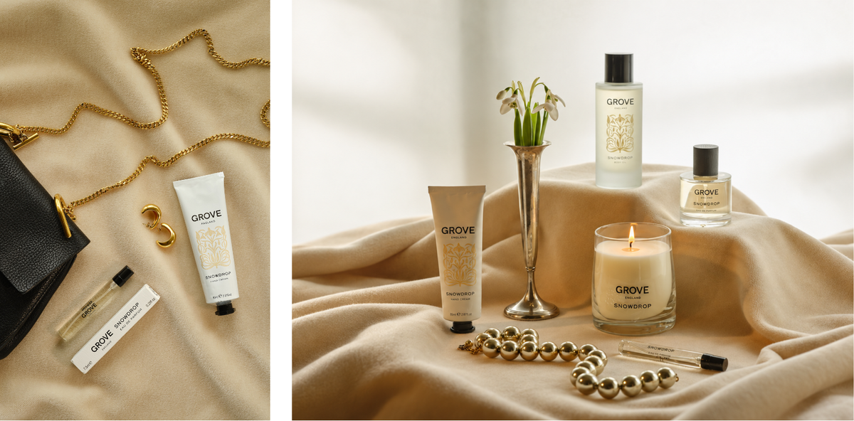 A styled product collage showing GROVE brand items on draped peach fabric: a black handbag with a gold chain, a small clear bottle, a white tube, a gold ring, a tall glass vase with white flowers, a candle jar, and a small perfume bottle. The right panel shows the products arranged together with a lit candle and decorative beads.