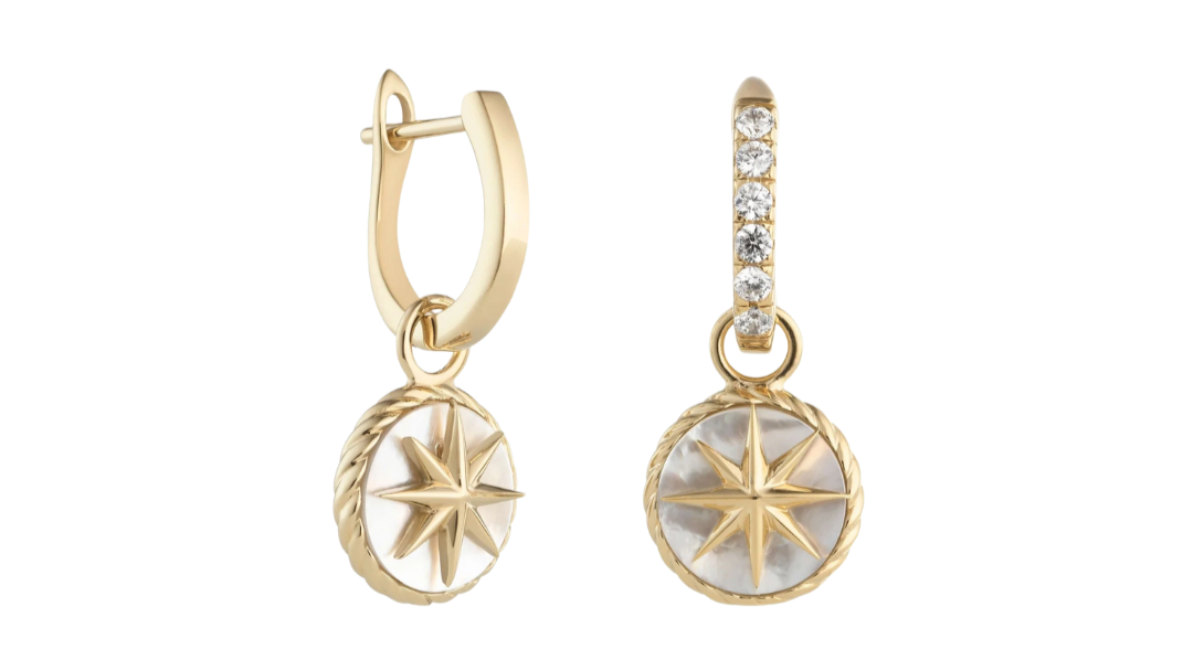Gold hoop earrings with star-shaped and round stone pendants on a white background