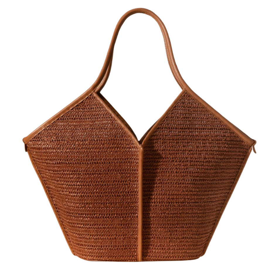 Brown woven top with thin straps on a white background