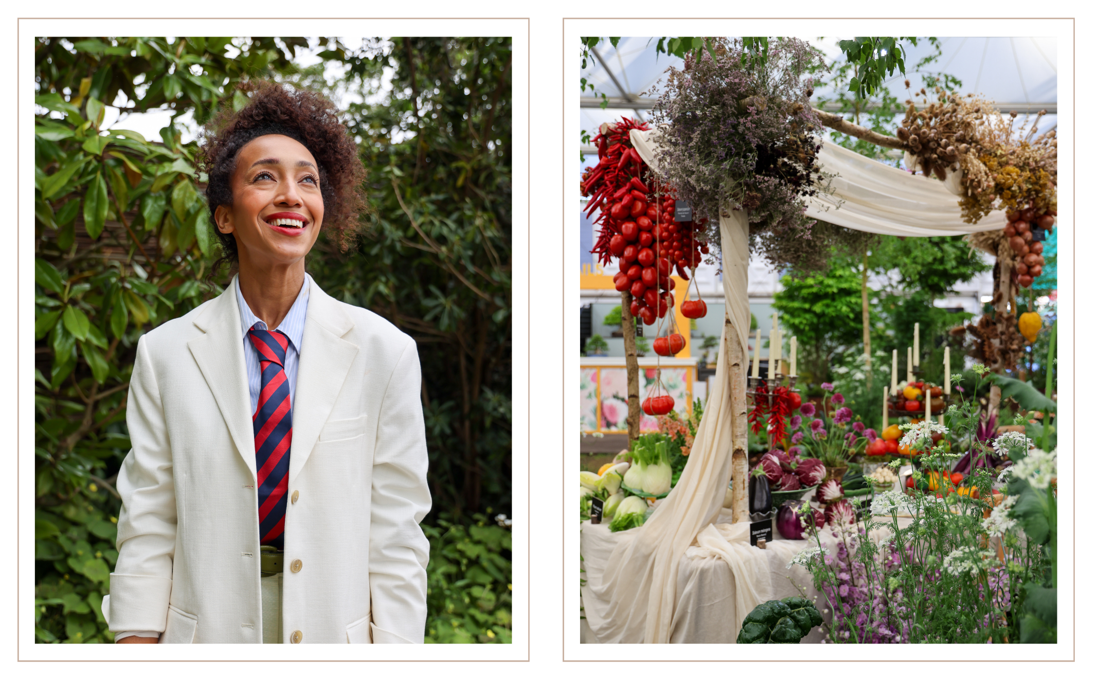 A side-by-side double image: the left shows Hazel Gardiner a white blazer, striped blue shirt, and red striped tie against green foliage. The right shows an outdoor decorated event table with cream drapery, candles, flowers, and red hanging fruit.