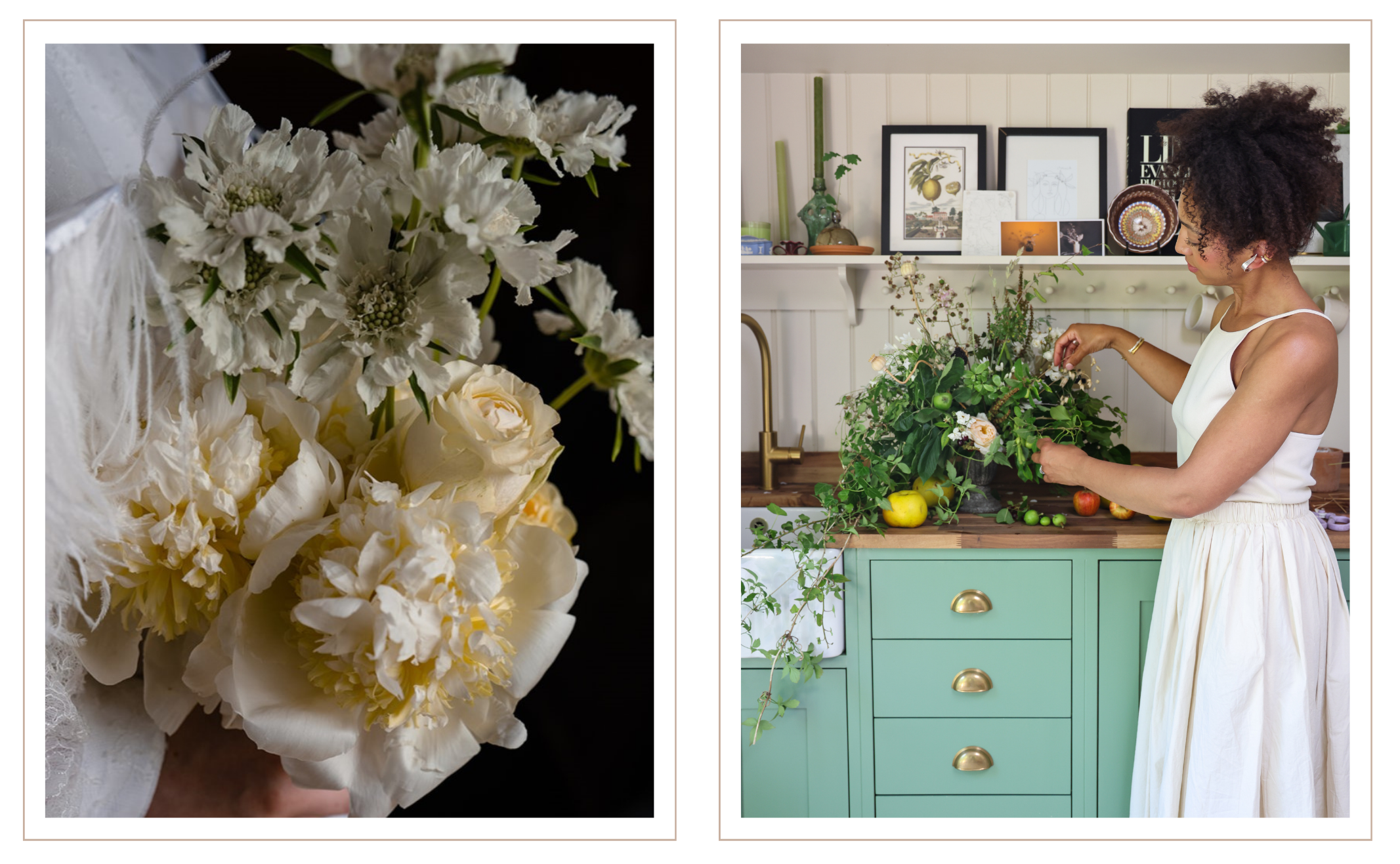 A two-panel lifestyle photograph. The left panel shows a close-up of a white floral bouquet with cream and pale yellow flowers against a black background. The right shows Hazel arranging flowers.