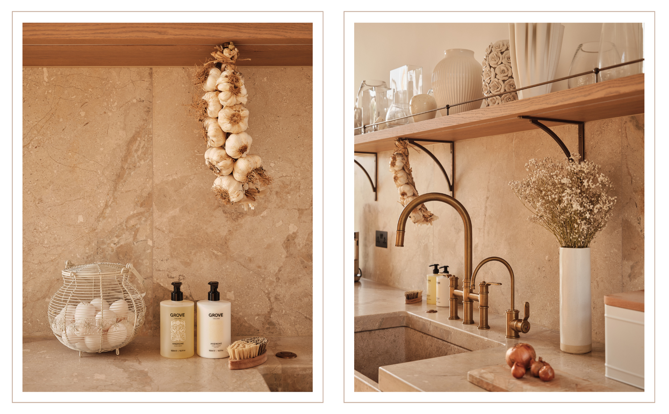A two-panel interior design photograph showcasing a warm, rustic kitchen setup. The left panel highlights a textured beige stone backsplash, a hanging bundle of garlic, and countertop accessories including a wire egg basket and Anemone Hand Wash & Lotion Bottles.