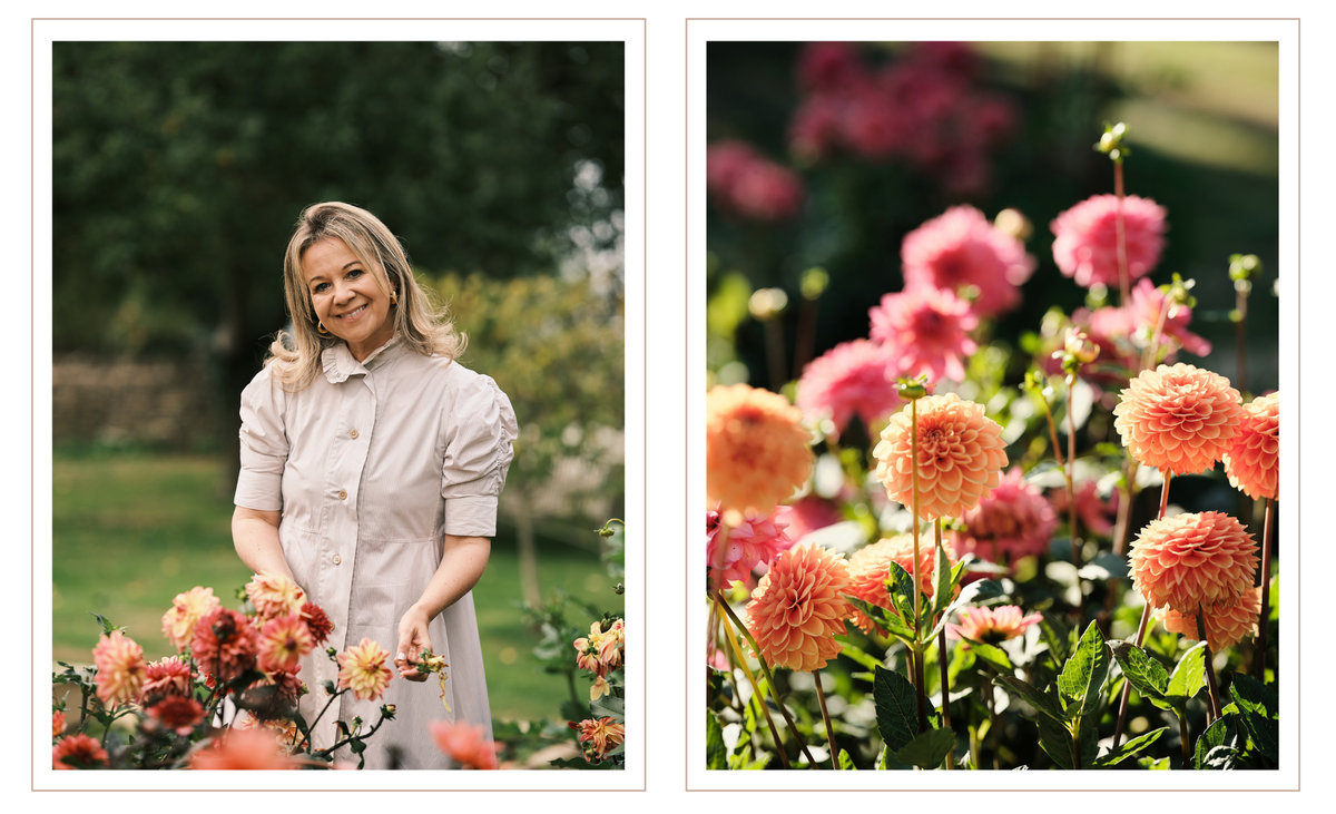 A two-panel garden photograph collage. The left panel shows founder Laura Butler-Madden standing among flowers in a garden.