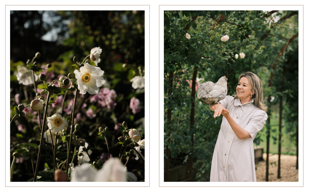 A side-by-side double print featuring a left panel of white and pink Anemones in a garden and a right panel of founder Laura in a light dress holding a chicken in a garden.