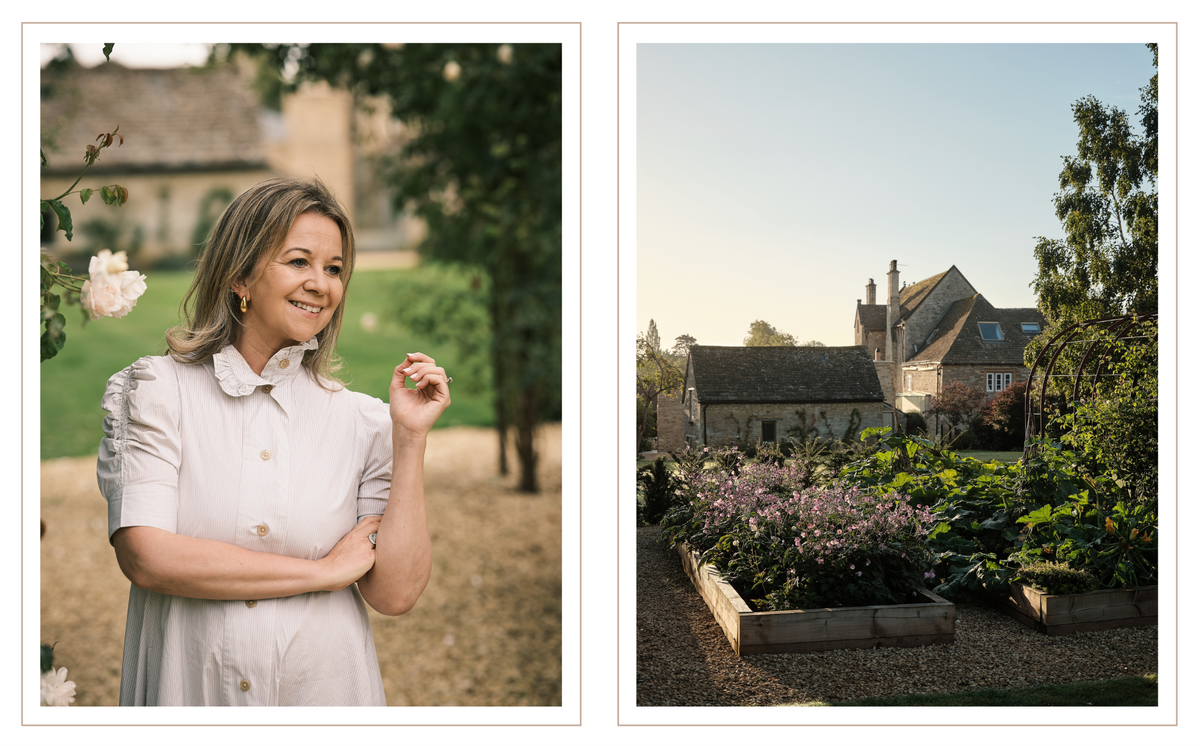 A side-by-side double print featuring a portrait of founder Laura Butler Madden in a light-colored dress on the left, and a scenic view of Grove Farm and garden beds on the right.