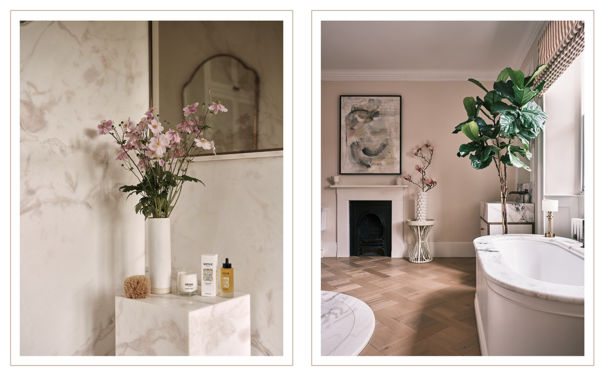 A two-panel interior design photograph showing Laura's marble bath tub. The left panel features a white marble shower with a white vase of pink Anemones and Anemone Bath Oil.