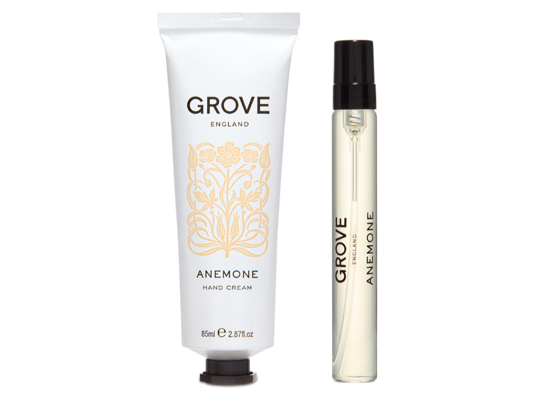 Grove Anemone hand cream and perfume bottle on a white background
